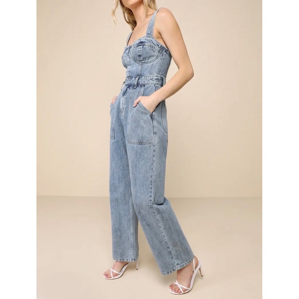 NWT Lulus Fresh Perfection Light Wash Bustier Sleeveless Denim Jumpsuit Large - Picture 3 of 5